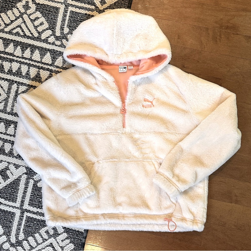 PUMA Sherpa Fleece Hoodie Womens XS Quarter Zip Fuzzy Pink Lined Pullover Silky
